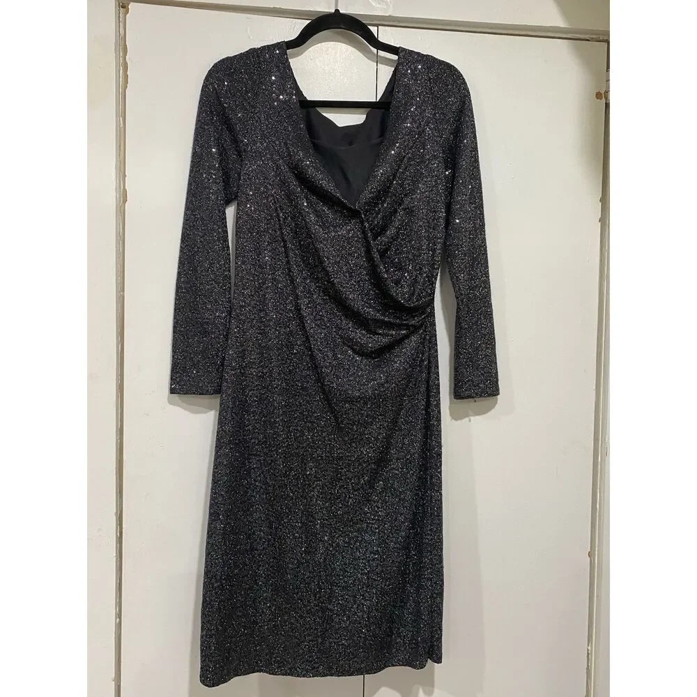 Carmen Marc Valvo Dress Sz 8 Black Silver Beaded Neck Sequin Cocktail Midi - Picture 12 of 12